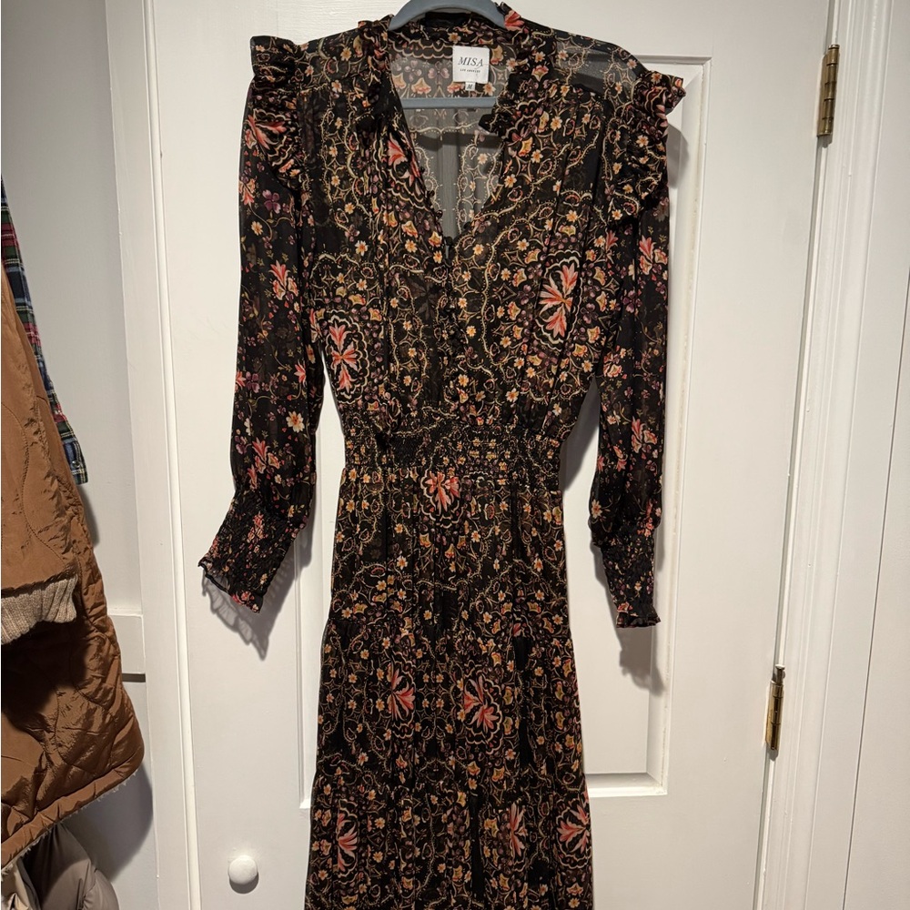 Misa Los Angeles Black and Pink Floral Long Sleeve Dress